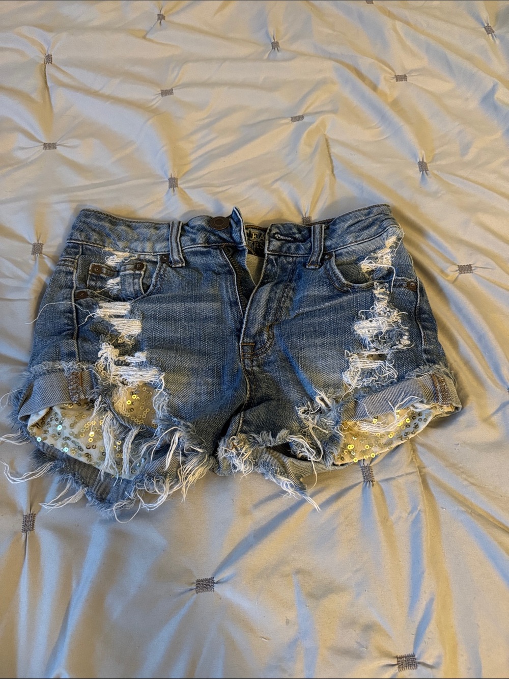 American Eagle Outfitters Distressed Blue Denim Shorts with Sequin Accent